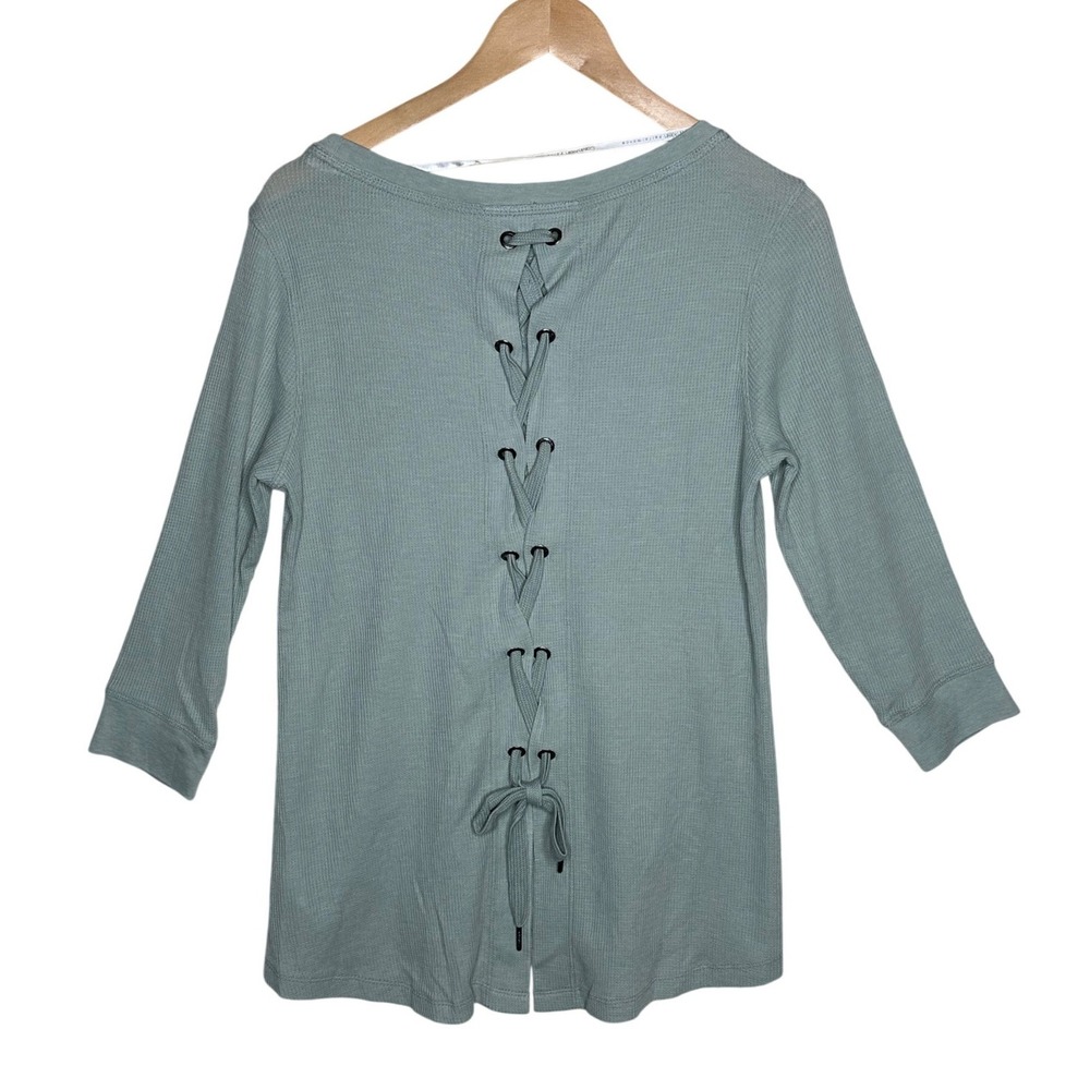 NWT CALVIN KLEIN Performance Womens Lace Up Back T Shirt Silver Jade Size Small